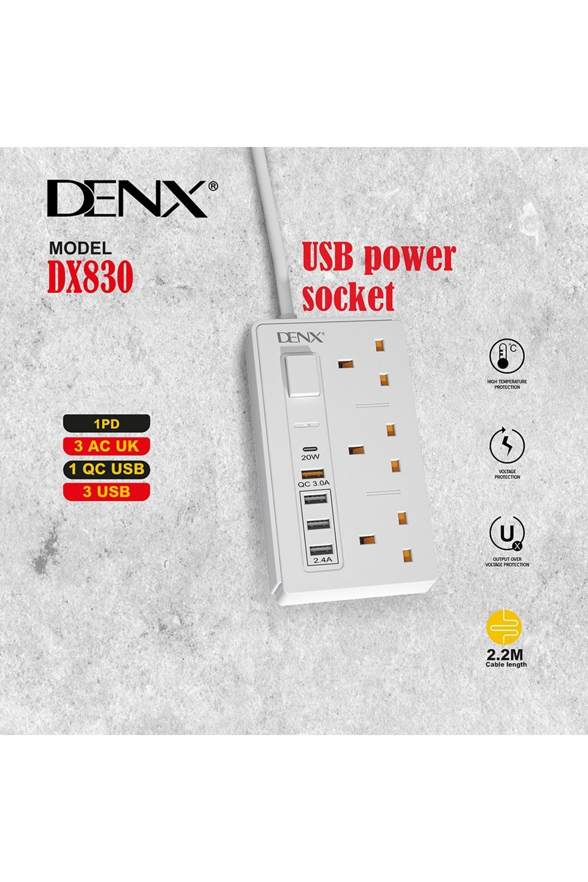 Denx-DX830 - مقبس طاقة بريطاني (3 منافذ بريطاني + 3 منافذ USB-A + PD + QC) 2