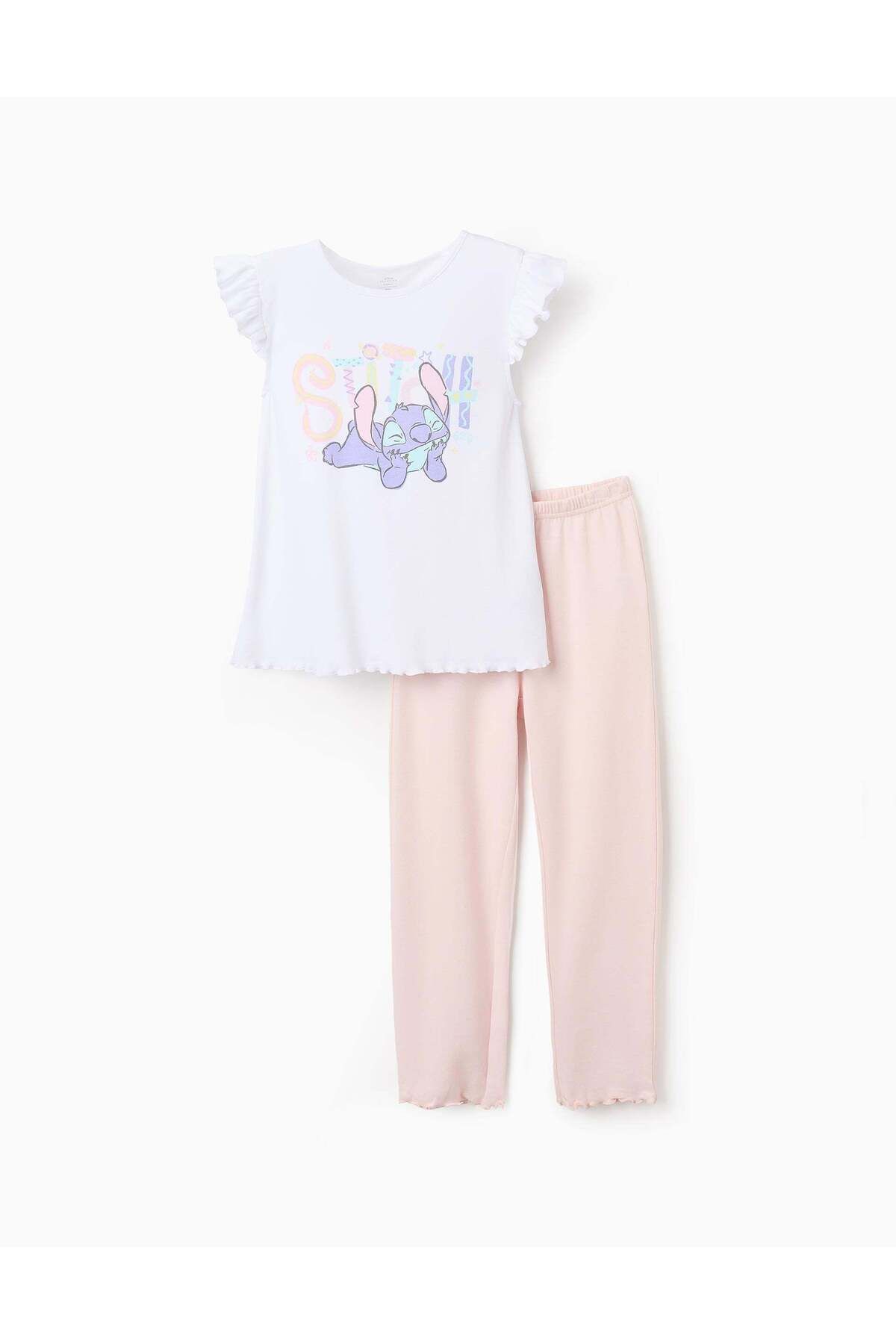 Ziddy-Pyjama in Interlock Cotton for Girls 'Stitch', White/Pink 1
