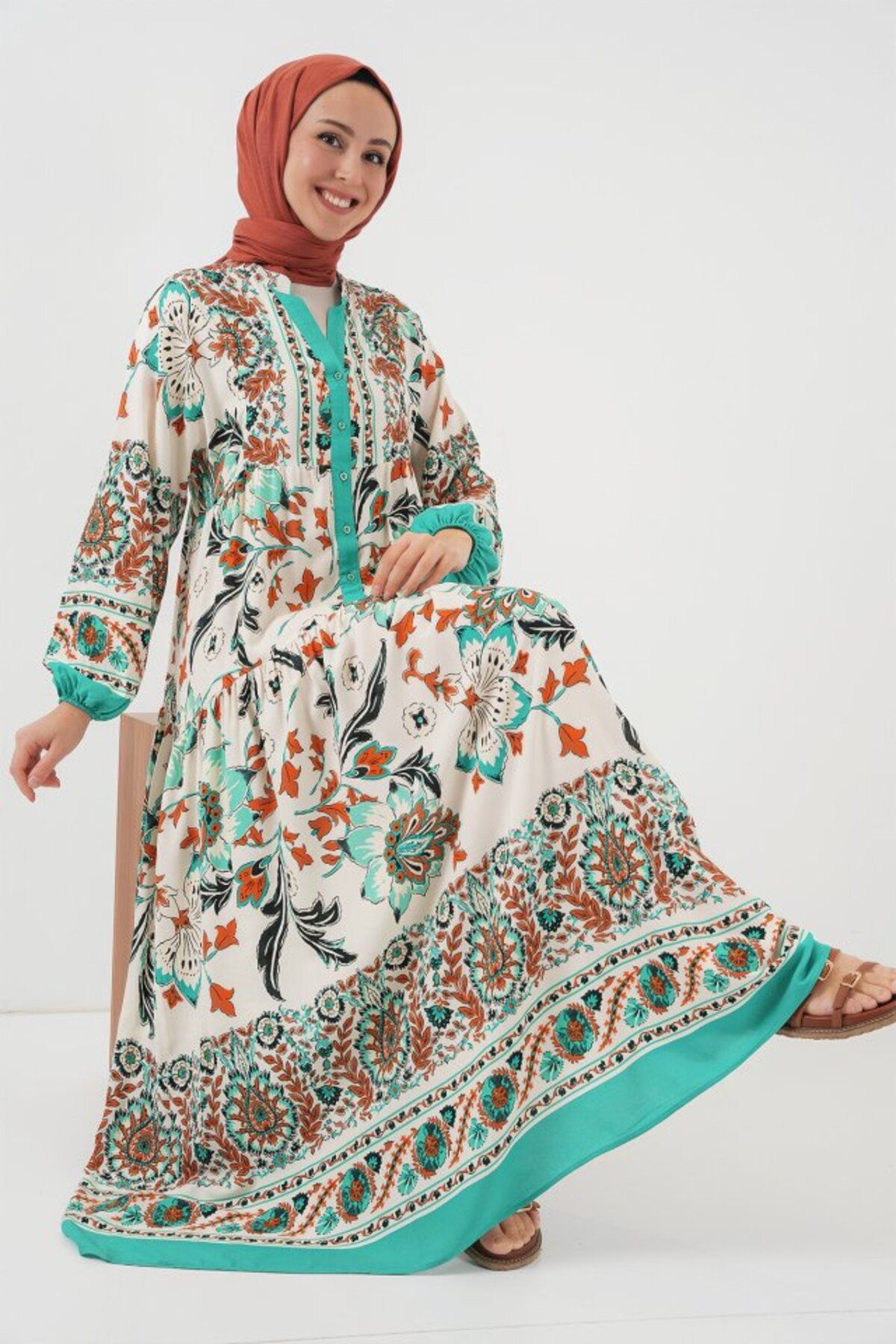 moda wanilia 2423 Otantik Desenli Elbise - Yeşil 2