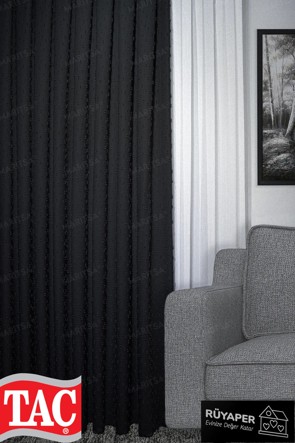 Taç-Dream Linen Series Grammage Pompom Pattern Smoked Color Background Curtain Frequent Pleat Single Wing 2