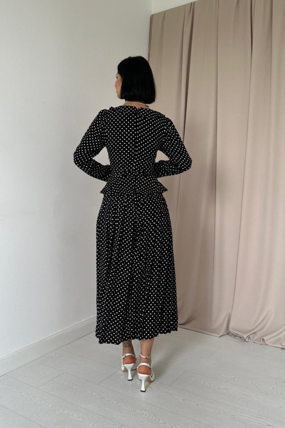 MODAVERA-Black Polka Dot Print Flounce Dress 4