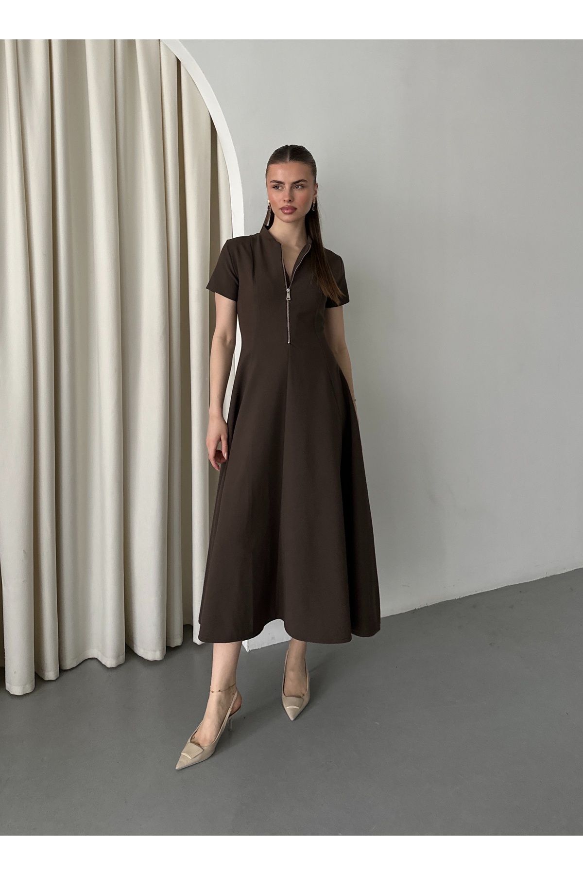 Laluvia-Rochie maro cu fermoar în față - 4824 3