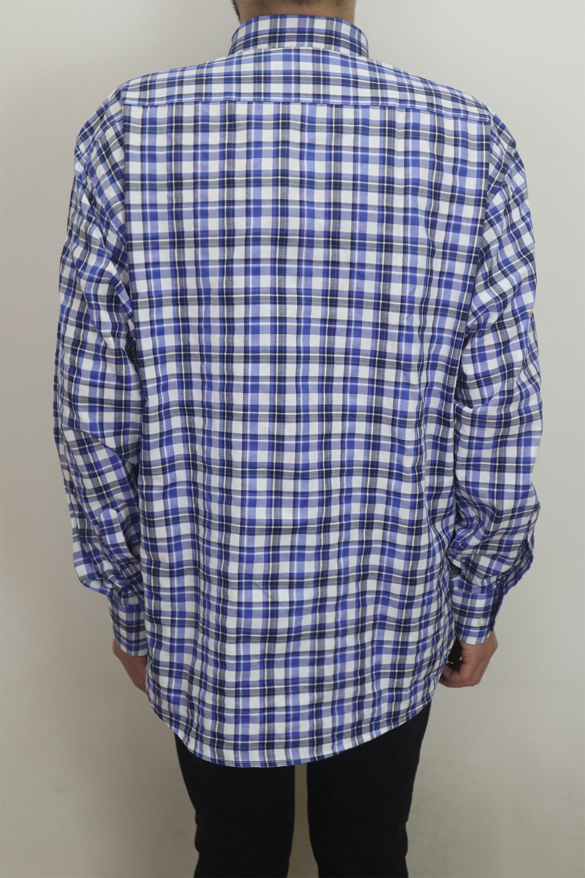CLİENTE-Men's Dark Blue Plaid Cashmere Long Sleeve Summer Single Pocket Patika 4