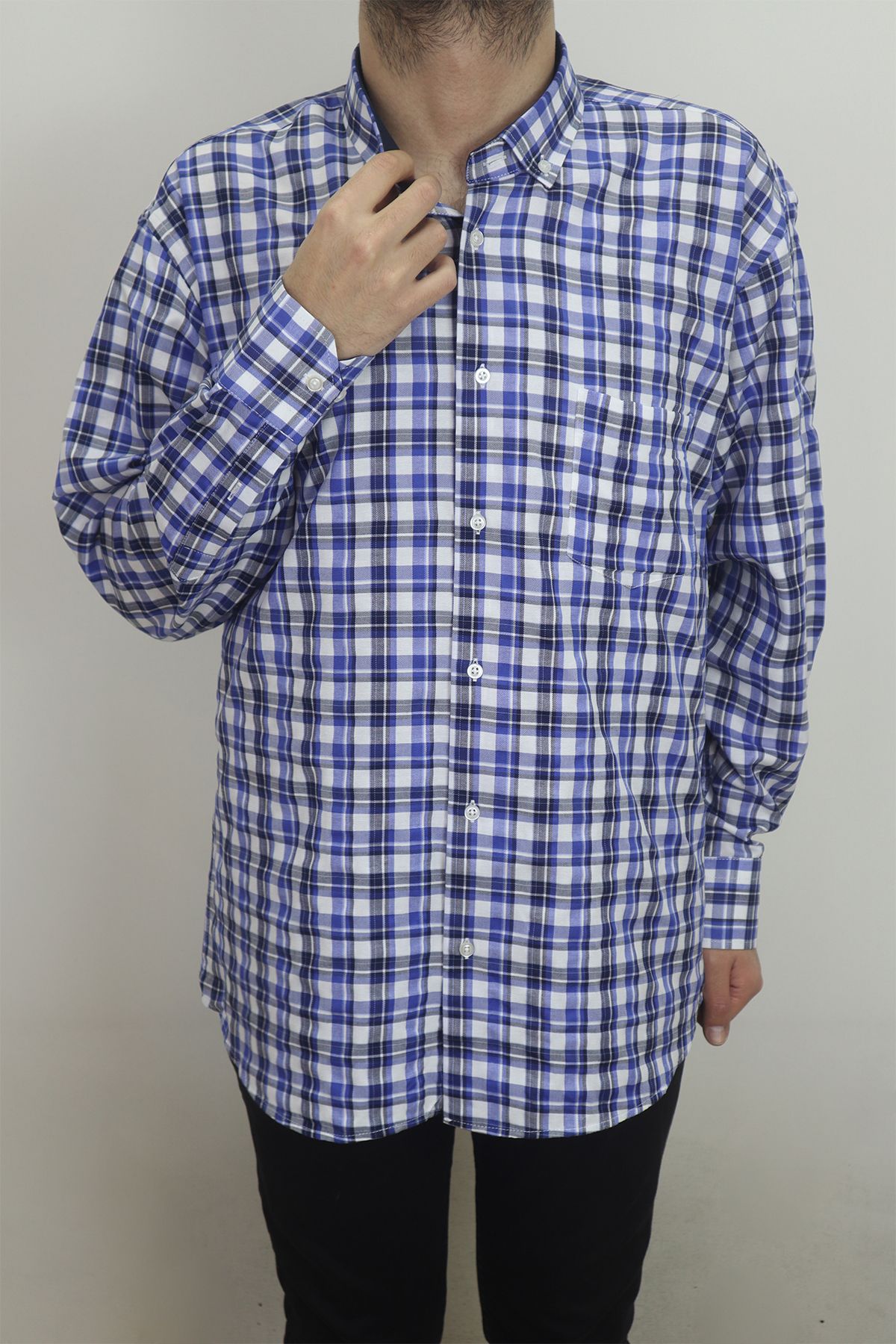 CLİENTE-Men's Dark Blue Plaid Cashmere Long Sleeve Summer Single Pocket Patika 1