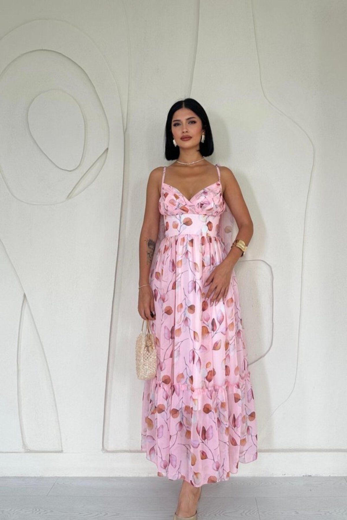 MRA Fashion Pudra Şifon Drapeli Elbise