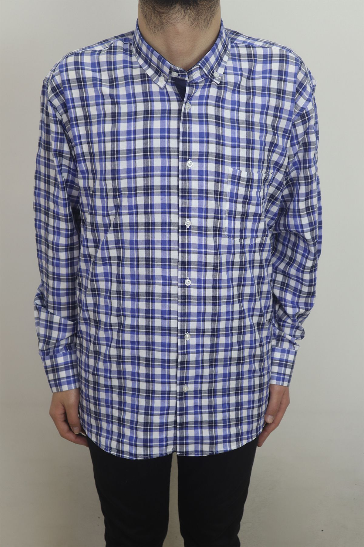 CLİENTE-Men's Dark Blue Plaid Cashmere Long Sleeve Summer Single Pocket Patika 2