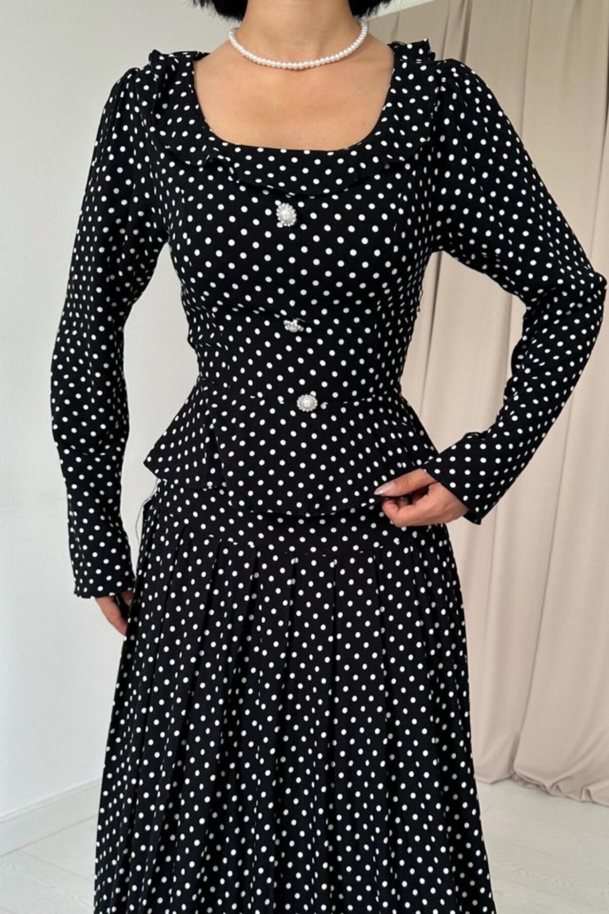 MODAVERA-Black Polka Dot Print Flounce Dress 3