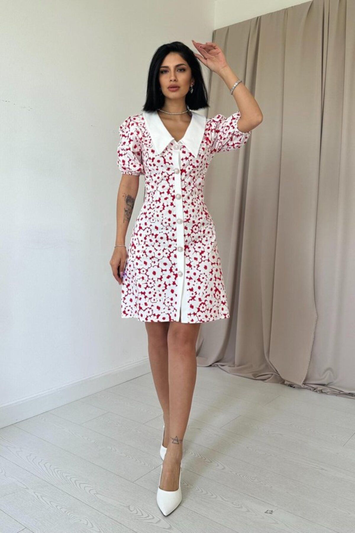 MRA Fashion Fuşya Önlük Yakalı Poplin Elbise