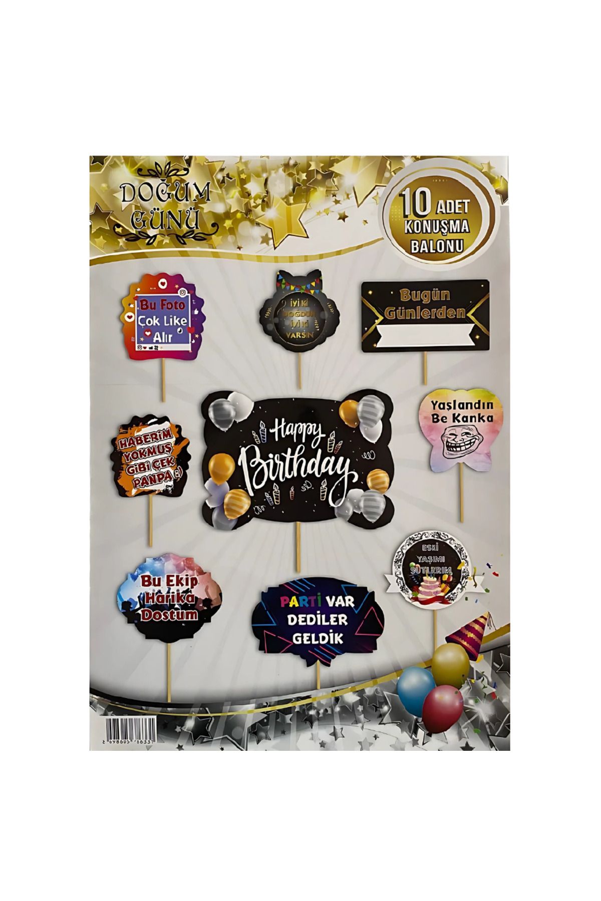 DeBu Tasarım Çubuklu 10 Adet Happy Birthday Doğum Günü Konuşma Balonu