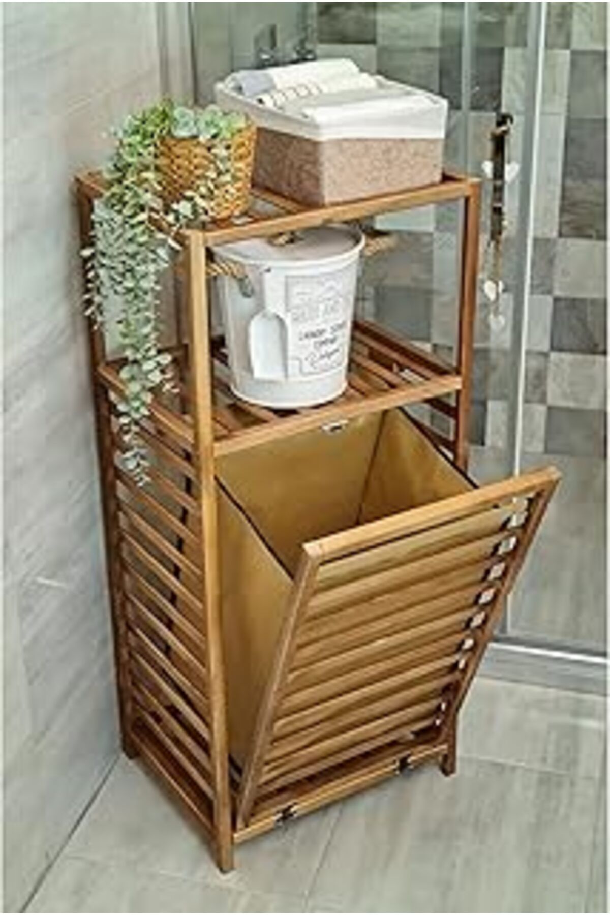 robotrend Ceviz Rengi Ahşap Kirli Sepetli Banyo Düzenleyici Raf – Cvz01