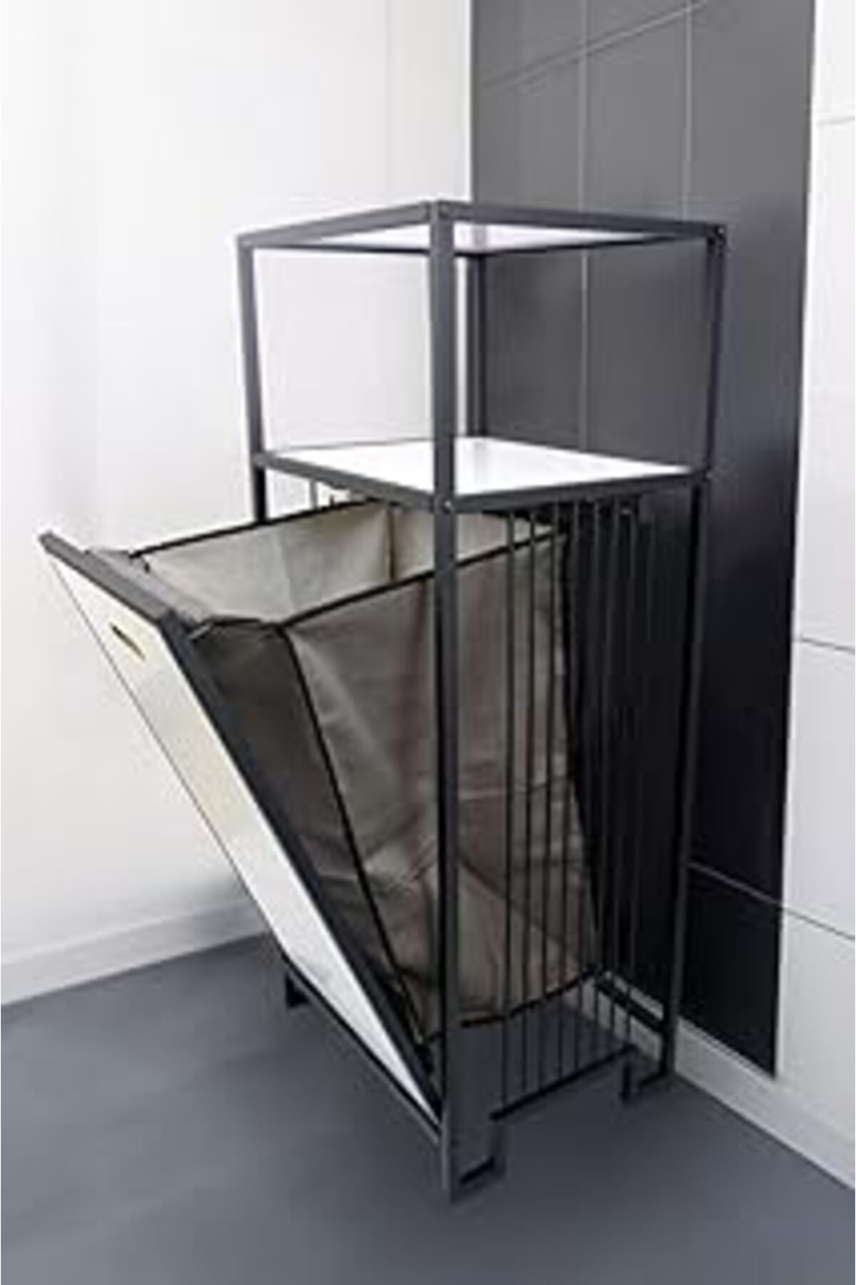 Mu Art Digithome Metal Kirli Sepetli 2 Raflı Çok Amaçlı Banyo Düzenleyici Raf Organizer Siyah-Beyaz – Mrs-