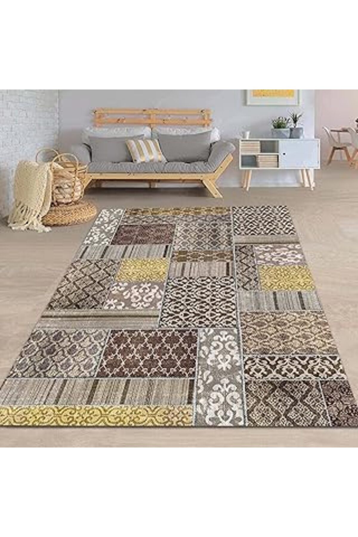 robotrend Latte Dizayn Damaris Desenli Pamuk Tabanlı Yıkanabilen Kaydırmaz Antibakteriyel Salon Halısı 80X150