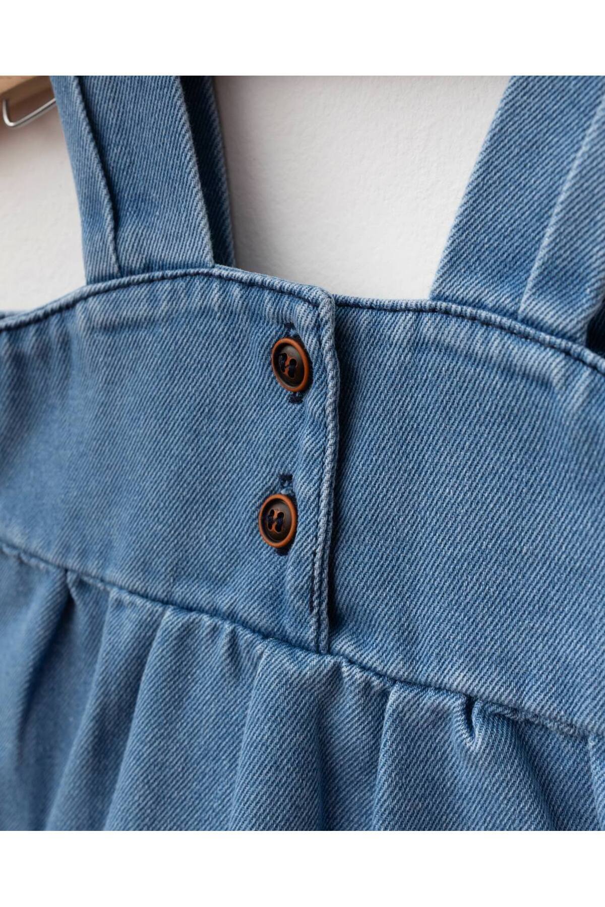 Baby Urzalo Püsküllü Kız Bebek Kot Jile Elbise %100 Pamuk Likralı Ribana Balon Bluz Jean Takım fotoğrafı 3 (önizleme)