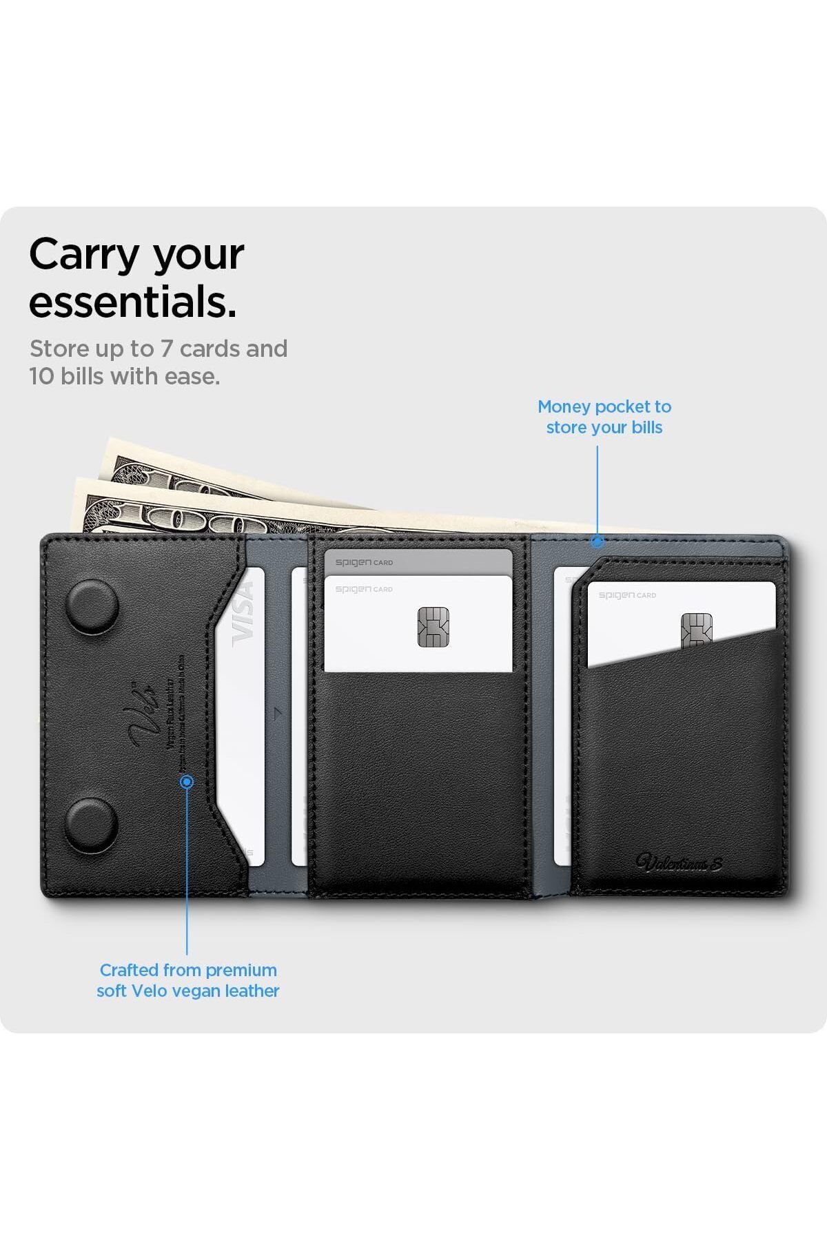 Spigen-Valentinus S MagFit Magnetic Card Holder 7-Cards Cash Trifold Stand MagSafe compatible  Black 4