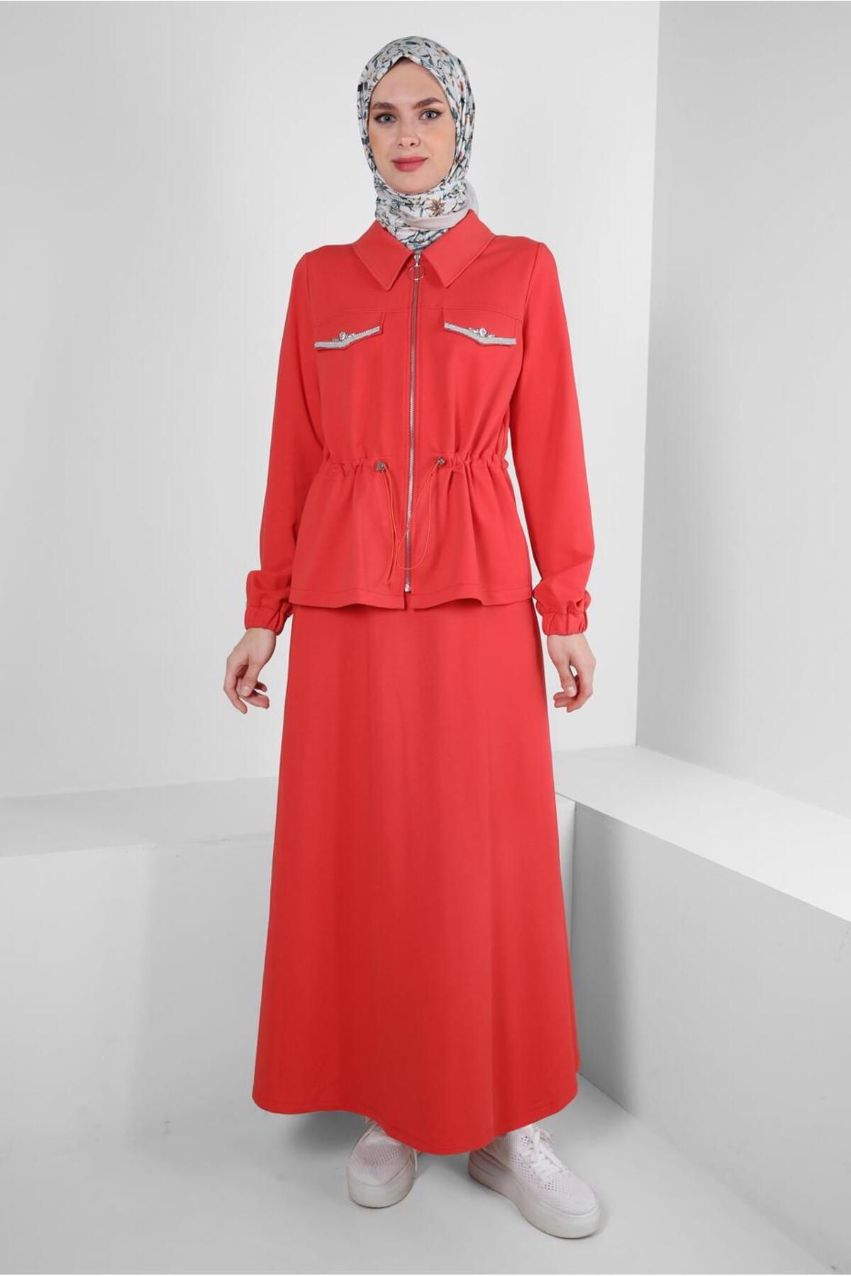 Alvina-Skirted and Zippered Drawstring Waist Tracksuit Set - 43876 1
