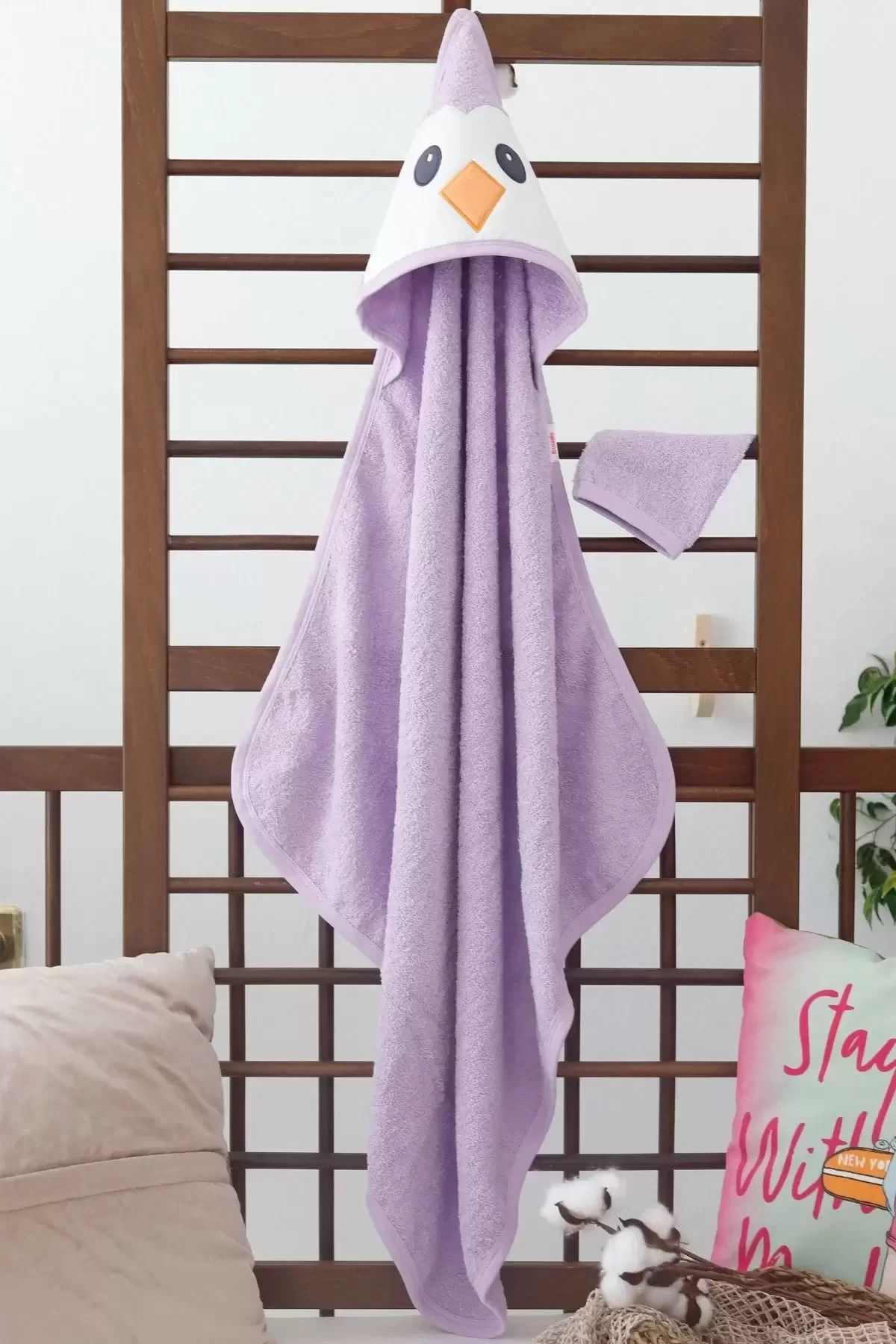 karadağsb Penguen Nakışlı Unisex Şapka Ve Keseli Bebek Banyo Havlusu