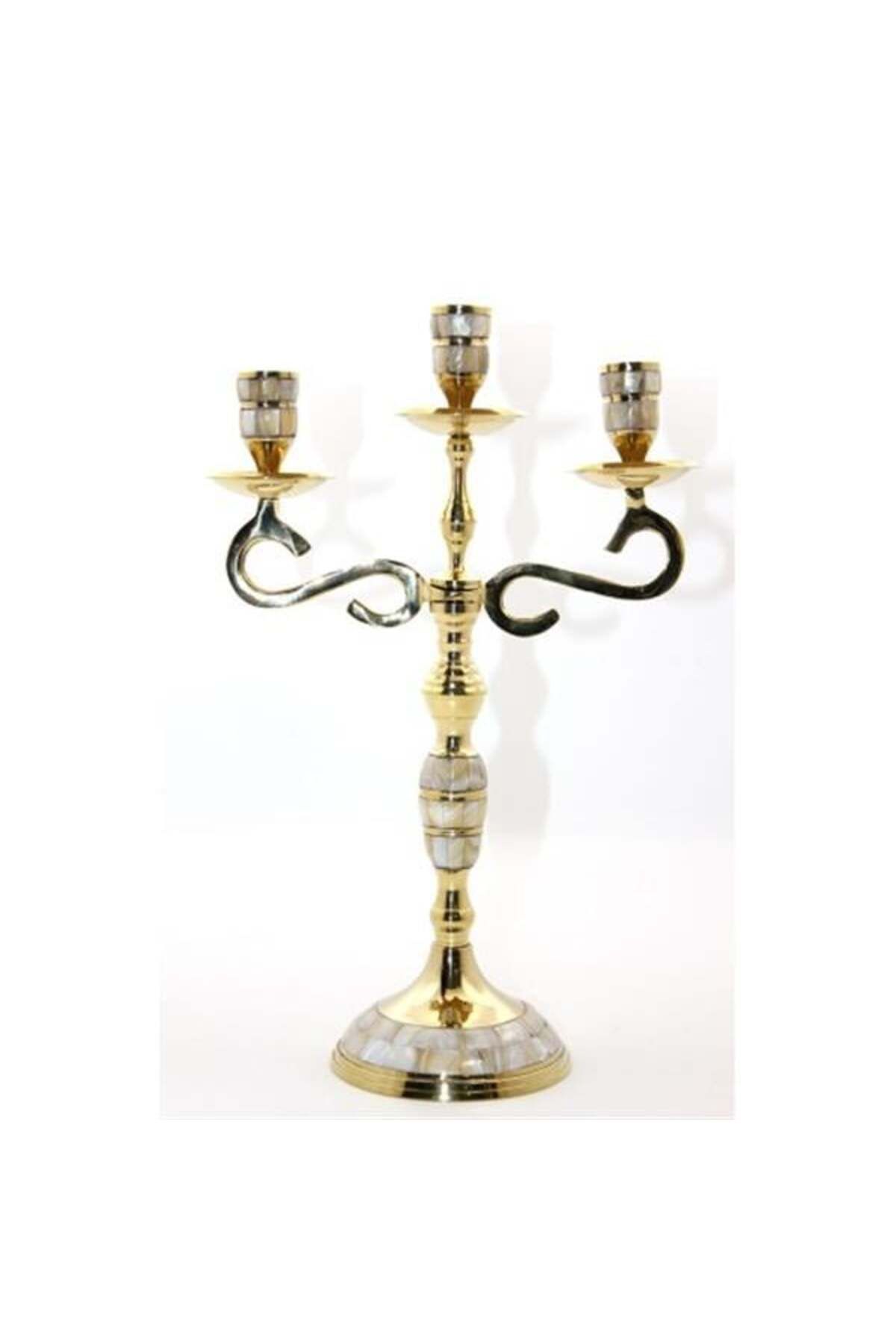 Mu Art Ahşap Pirinç Sedefli 3'Lü Şamdan Model 3