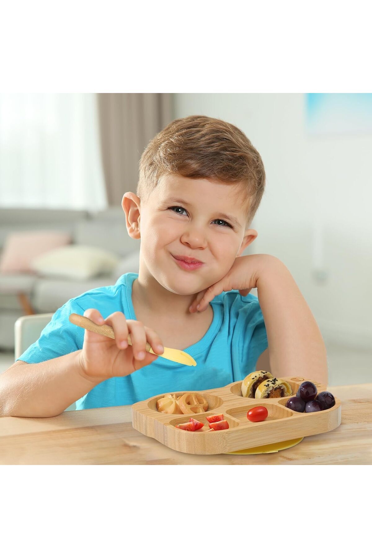 COOYA-Toddler Bamboo Plate with Suction, with Spoon Fork, Car Shaped Design Divided Plate, BPA Free 7