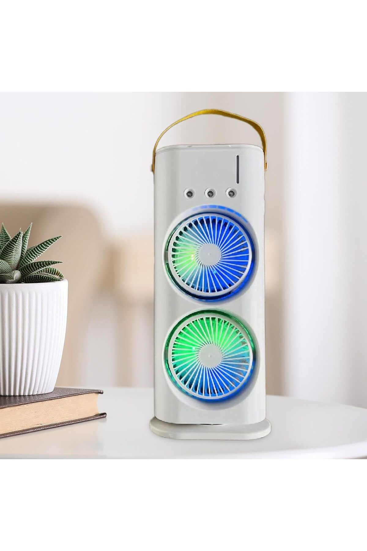 Primo Plus-مروحة رش محمولة مزدوجة الأطراف: مروحة مكتب تبريد صغيرة قابلة لإعادة الشحن عبر USB مع رذاذ الماء 2