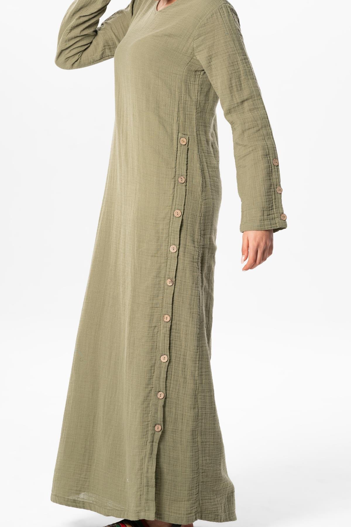 Eliş Şile Bezi-Rochie Izel cu mâneci lungi de vară lungă de muselină Kaki Hk 3