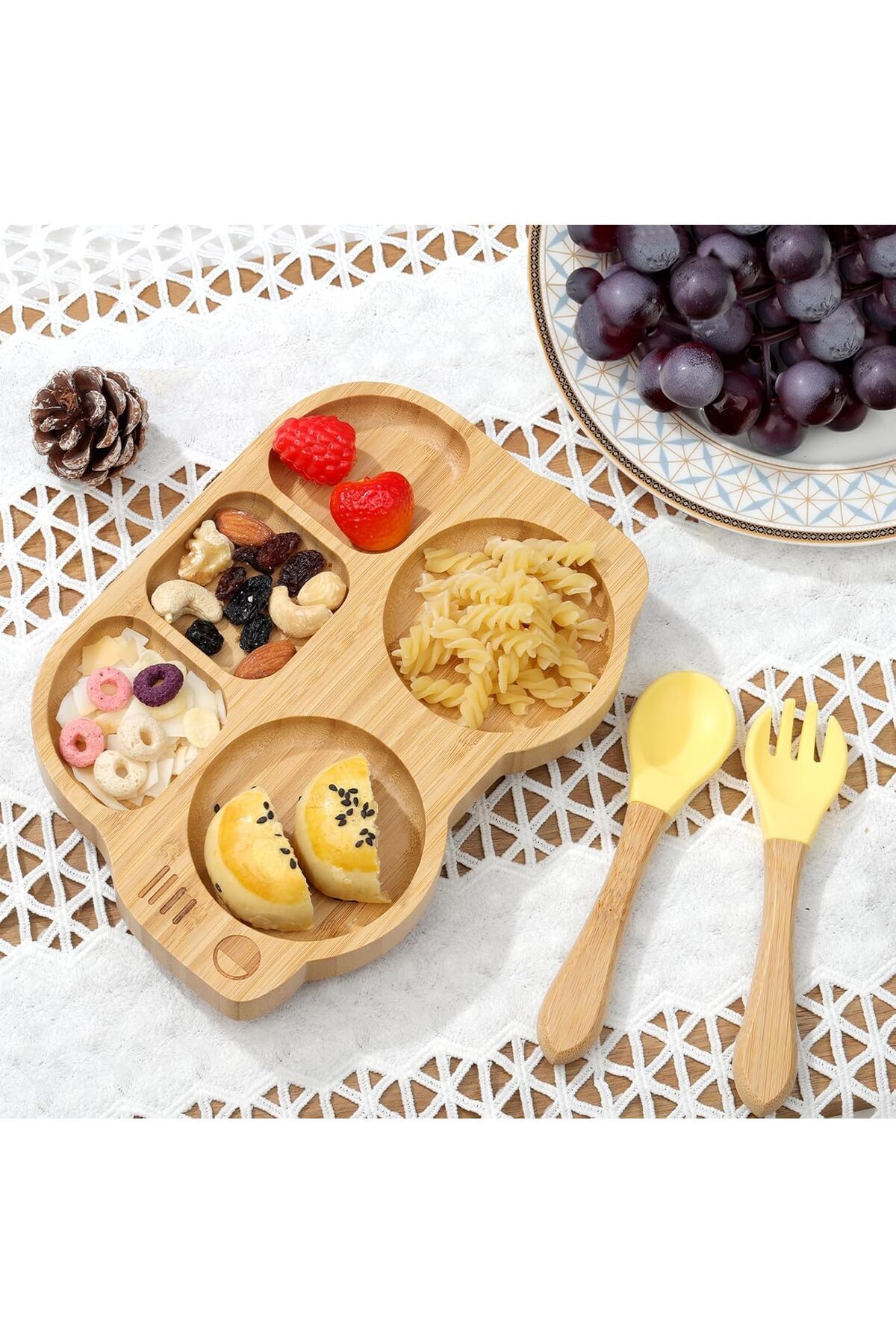 COOYA-Toddler Bamboo Plate with Suction, with Spoon Fork, Car Shaped Design Divided Plate, BPA Free 4