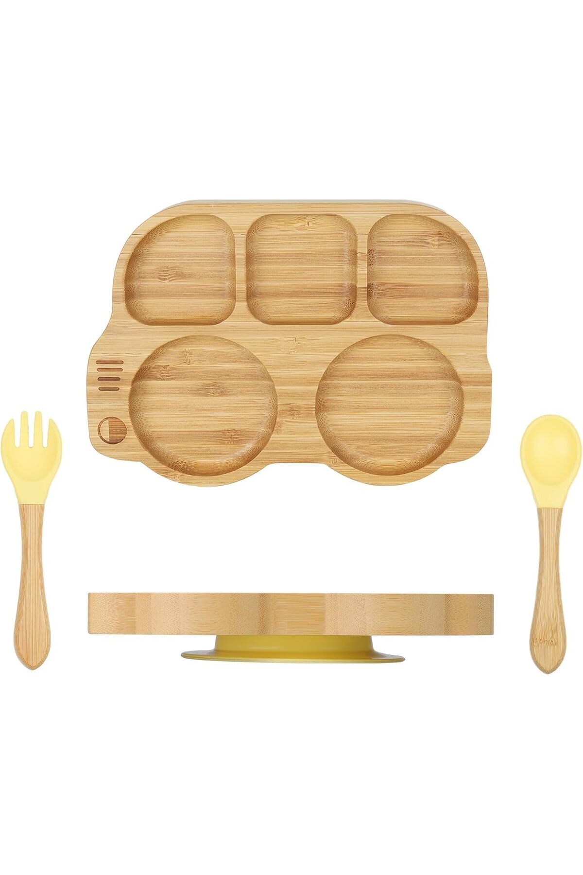 COOYA-Toddler Bamboo Plate with Suction, with Spoon Fork, Car Shaped Design Divided Plate, BPA Free 1