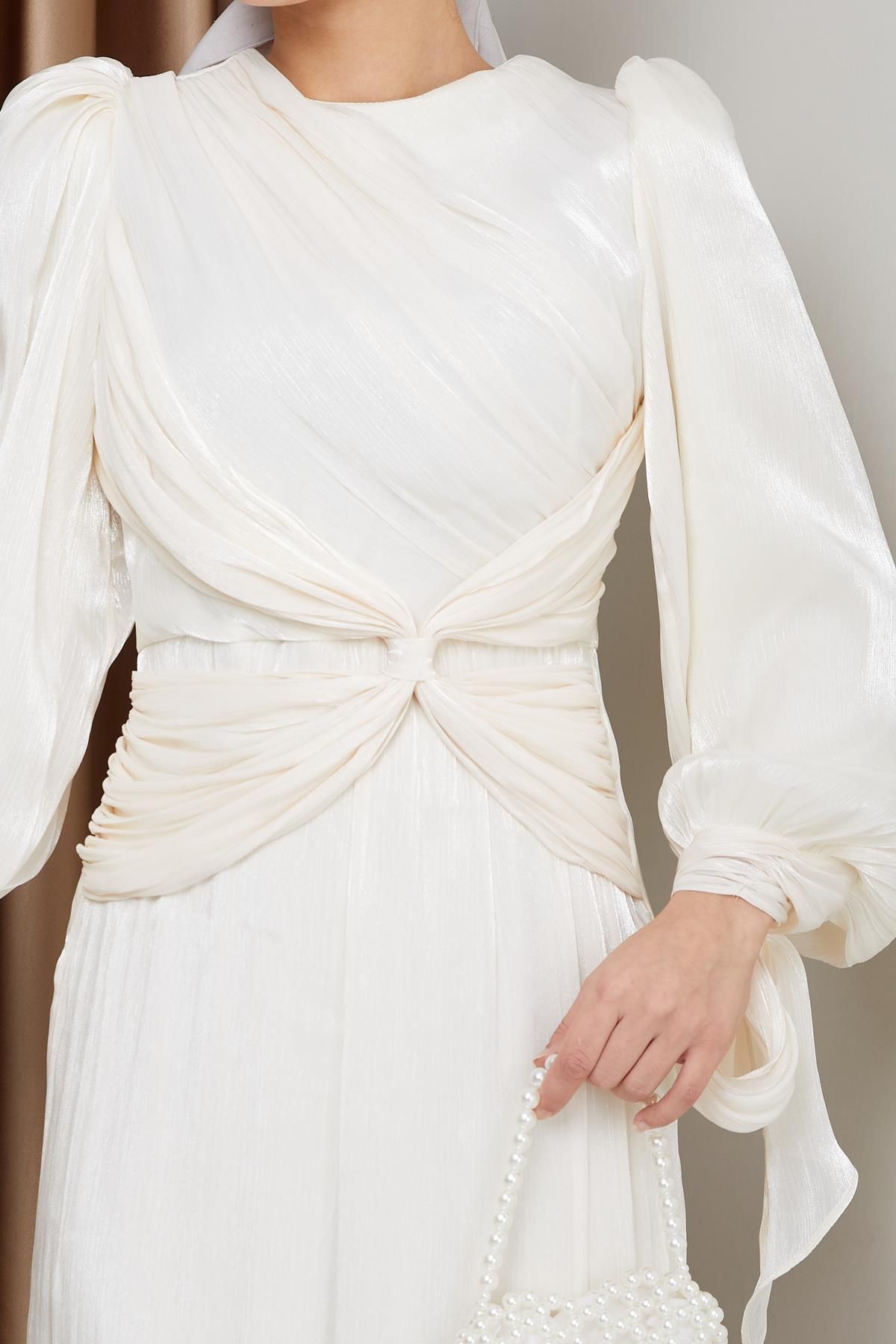 Olcay-Yoryo Seiden-Hijab-Abendkleid – Volant, Schleife und Ärmel, Schnürung, EKRU 1224 5