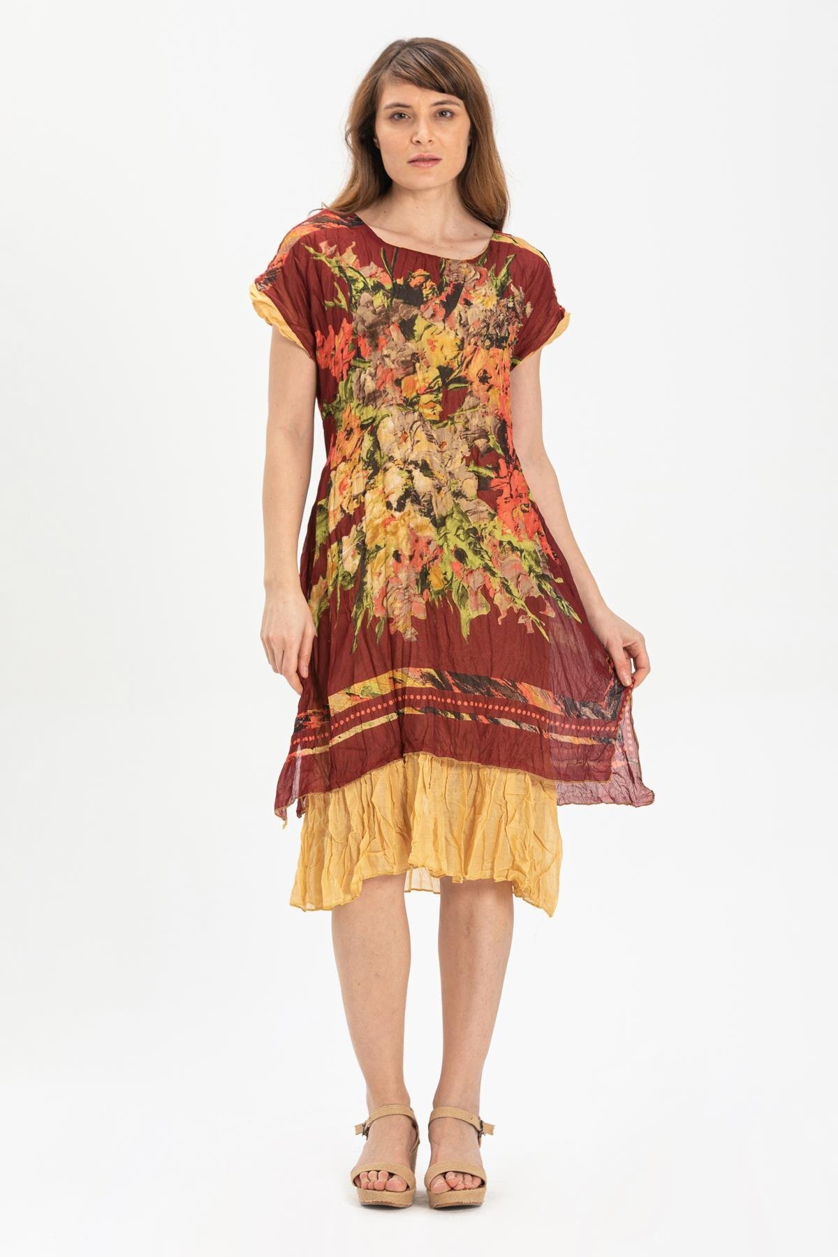 Short Sleeve Voile Laurel Midi Size Summer Authentic Dress Claret Red-Cream 6078