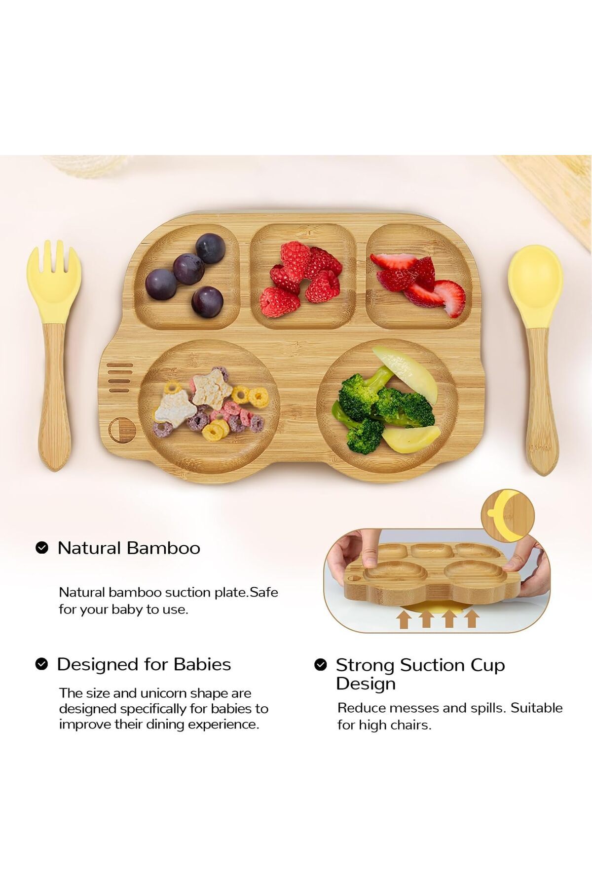 COOYA-Toddler Bamboo Plate with Suction, with Spoon Fork, Car Shaped Design Divided Plate, BPA Free 3