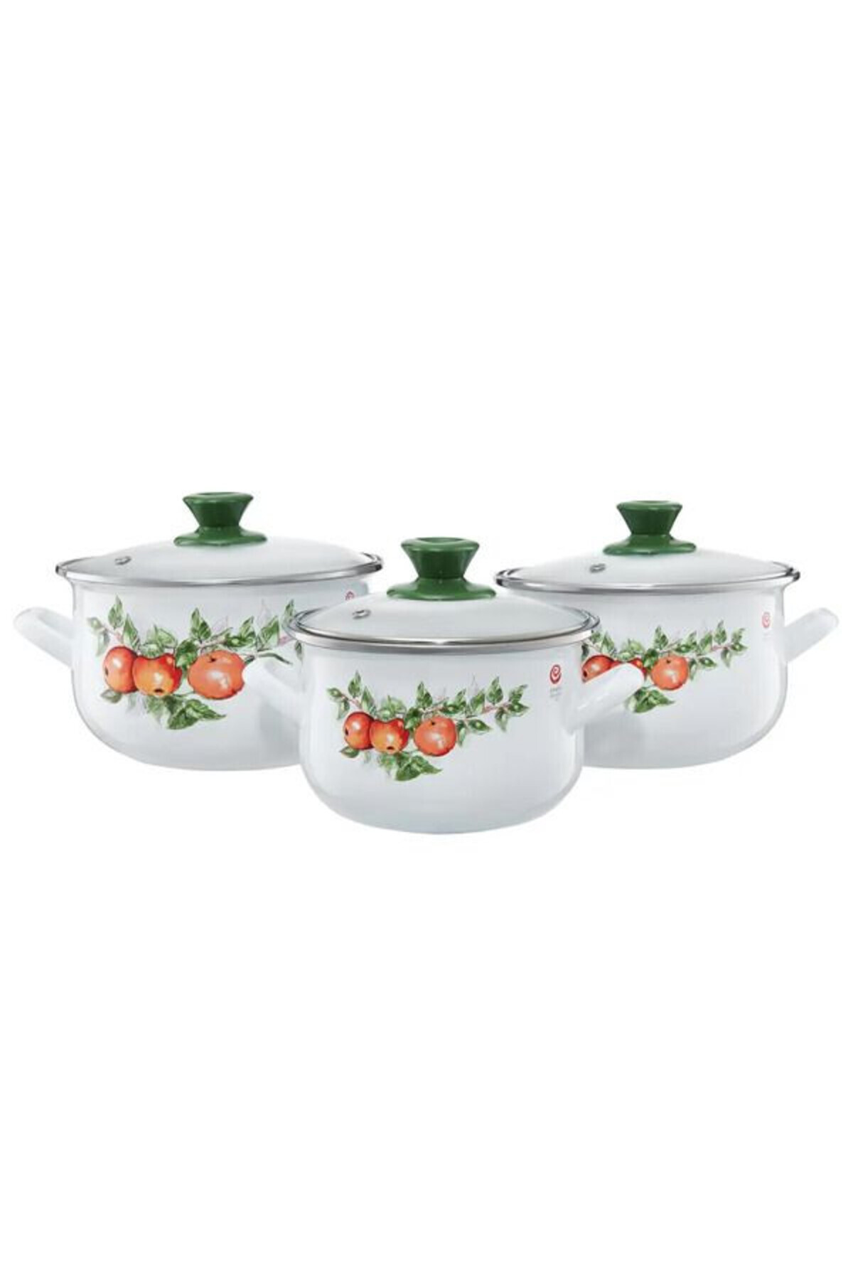 Emalia Olkusz 1907-Set of 3 enamel pots with lids, 6 pieces, convex pattern, apples 3