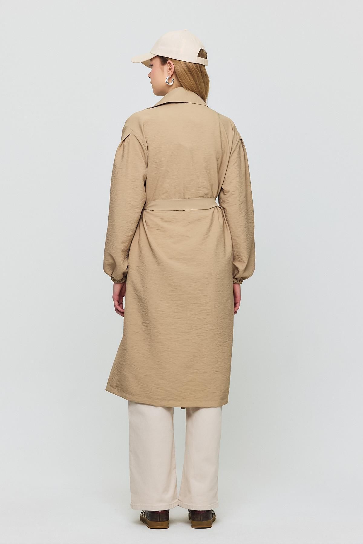 Rays-Belted Sleeve Elastic Trench Coat with Mink 4579A Model 5