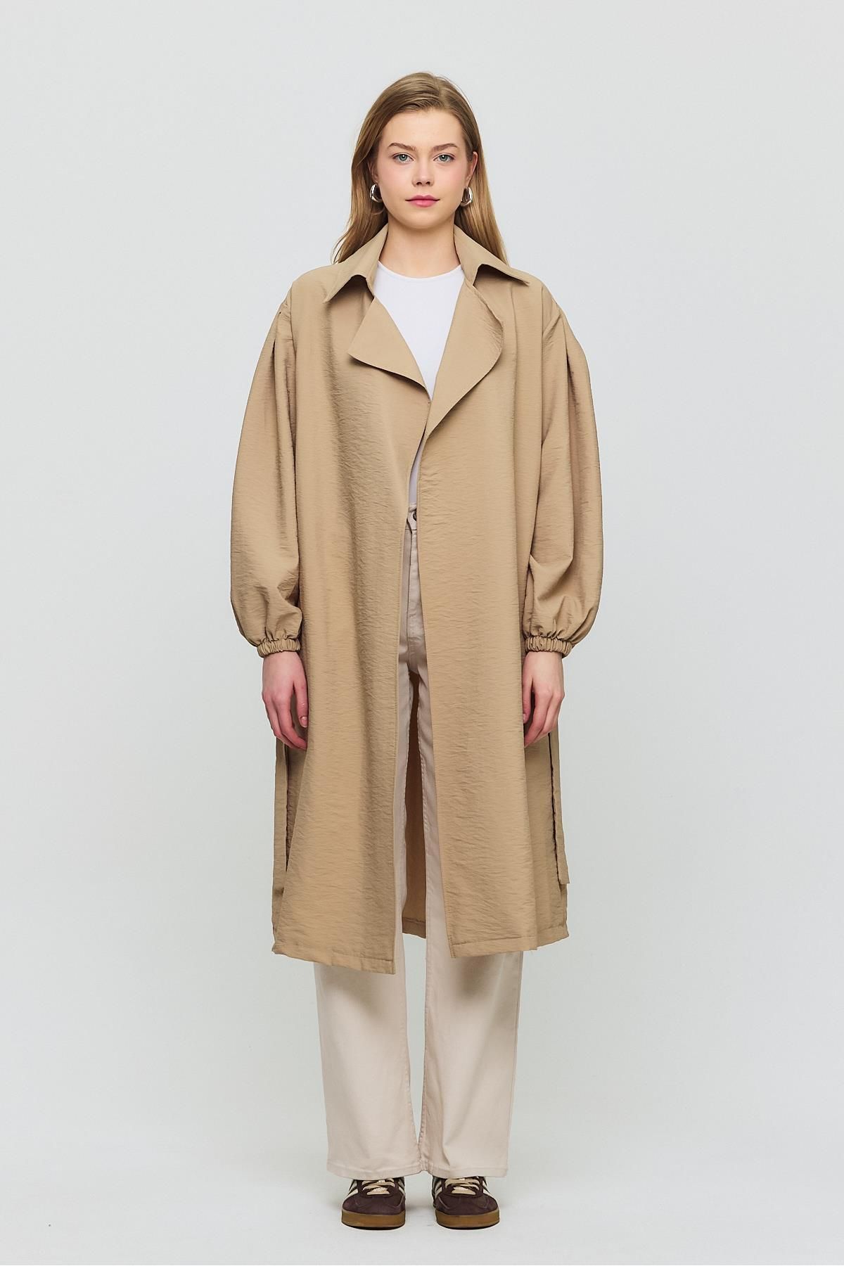 Rays-Belted Sleeve Elastic Trench Coat with Mink 4579A Model 3