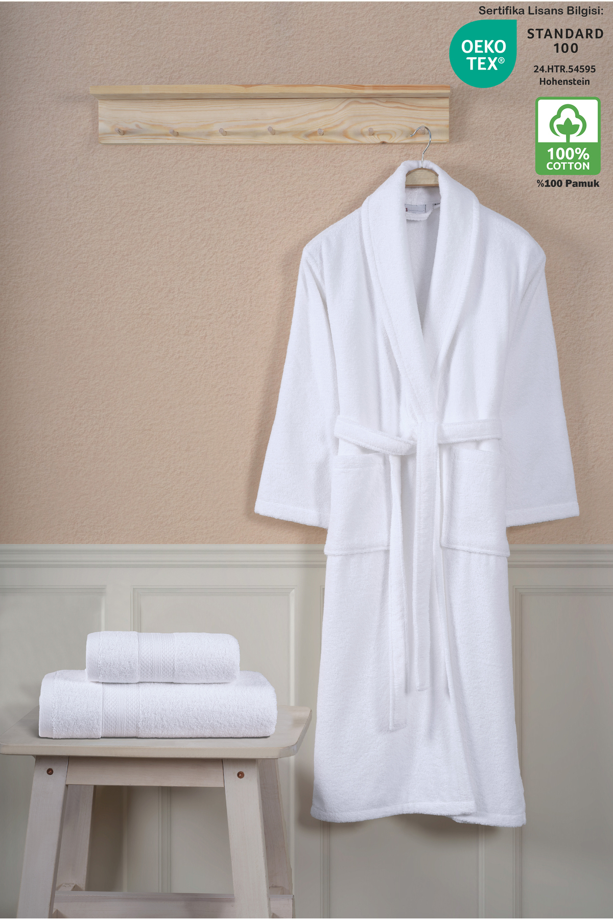 3-Piece Bathrobe Set 100% Cotton Certified, Shawl Bathrobe Body and Head Towel Set White