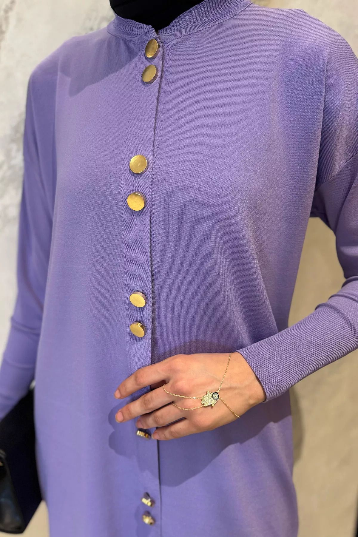 julude-Lilac Women's Gold Button Detailed Hijab Knitwear Cardigan 7
