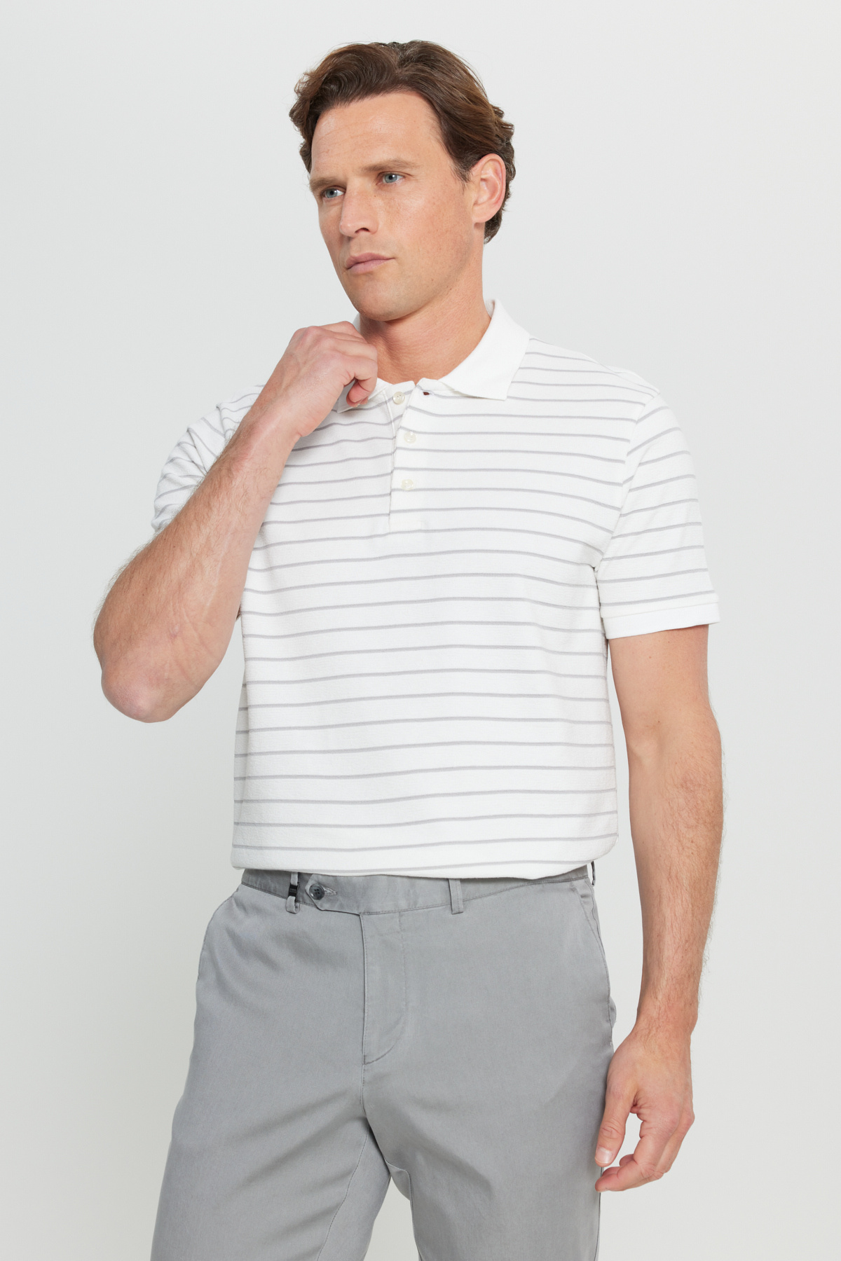 آلتین ییدلیز کلاسیکس پولو شرت مردانه اسلیم فیت نخی سفید-خاکستری باریک