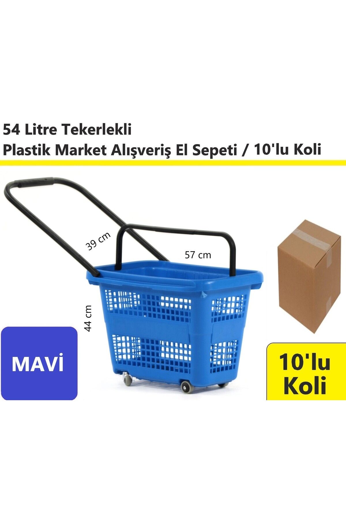 akdenizpos Tekerlekli Plastik Market Alışveriş El Sepeti 54 Litre Mavi 10'lu Koli