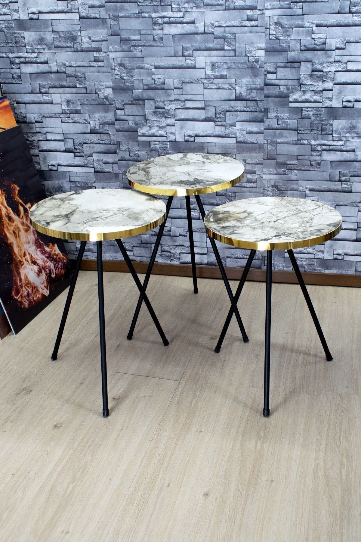 pazarella Zigon Sehpa 3'lü Siyah Metal Ayak Altın Efes 1067