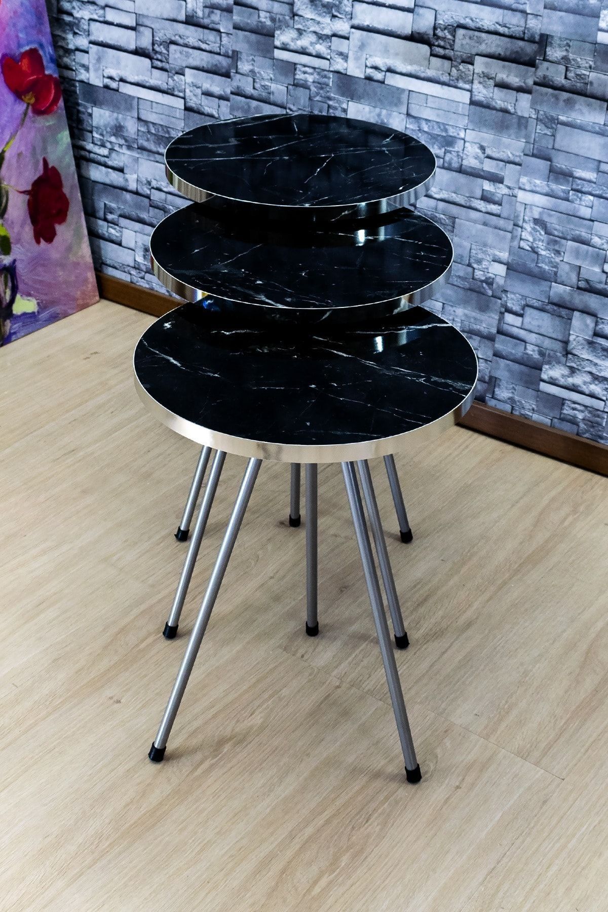 pazarella Zigon Sehpa 3'lü Gümüş Metal Ayak Gümüş Siyah Bendir 1069