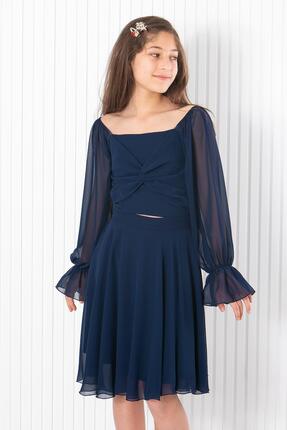 SUBU TASARIM Balon Kol Şifon Abiye Elbise Lacivert MDV934