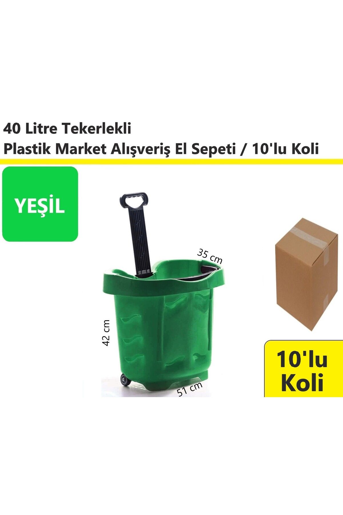 akdenizpos Tekerlekli Plastik Market Alışveriş El Sepeti 40 Litre Yeşil 10'lu Koli