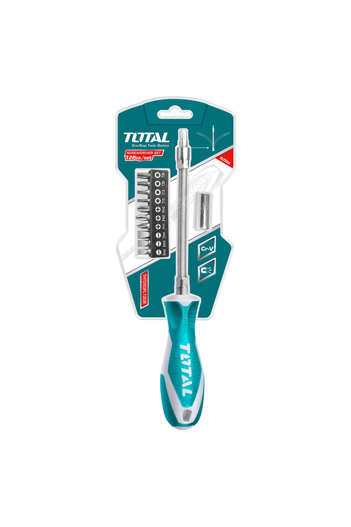 TOTAL-TOTAL 12 Pcs Screwdriver Set with Flexible Shaft Handle, Bits Adapter and 10 Screwdriver Bits 6