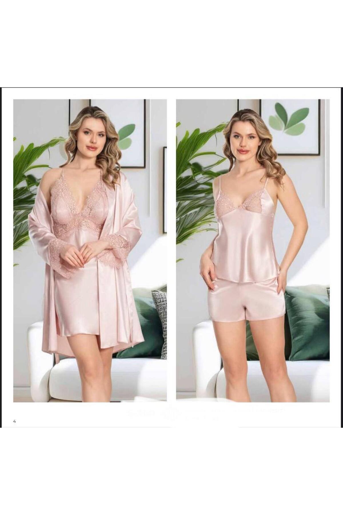 ROZELT Kadın Pudra Saten Gecelik Sabahlık Pijama Takım Şort Takım 6'lı Set J.ER.3.R.O.Z6.0.E.L.T.