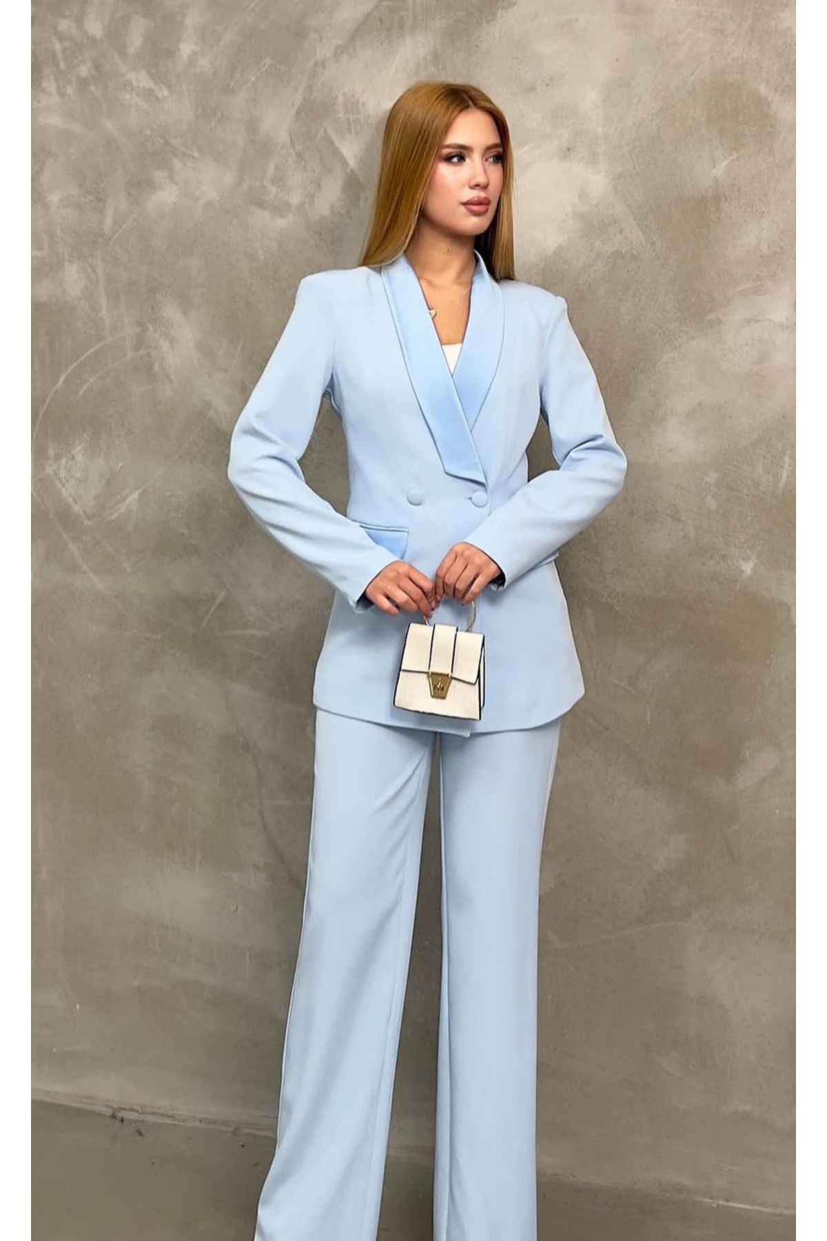 pembekurdelem Women's Satin Shawl Collar Classic Jacket Trousers Set Baby Blue