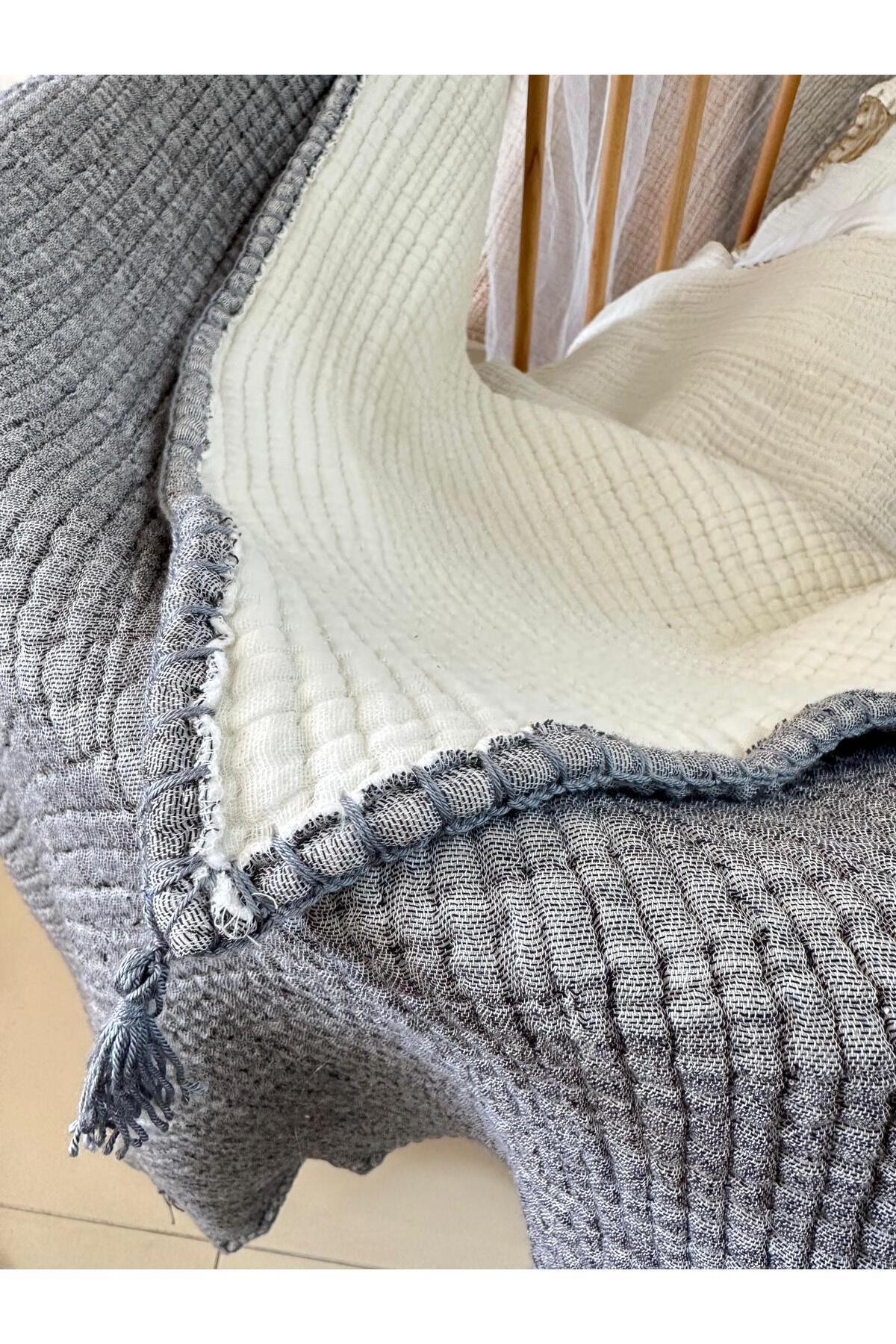 YASEMİNİNEVİ Gri Renk Müslin Bebek Yorganı Müslin Bebek Yatak Örtüsü fotoğrafı 3 (önizleme)