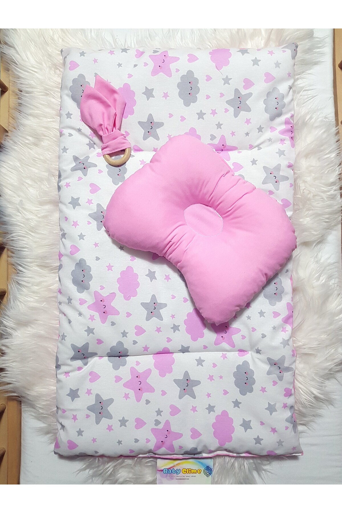 Baby Clime Çift Taraflı Bebek Bakım Seti - Alt Açma Minderi, Baş Düzeltme Yastığı ve Ahşap Diş Kaşıyıcı fotoğrafı 3 (önizleme)