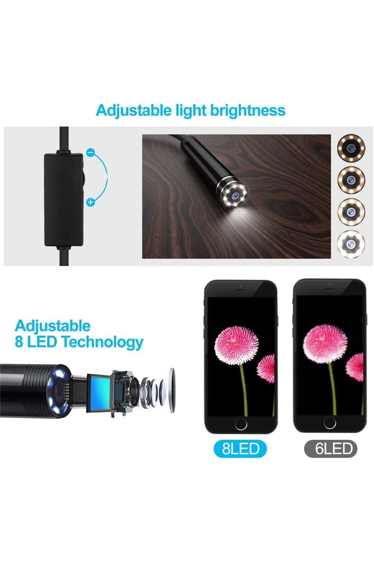 fulina-8mm WiFi Endoscope,500mAh,2m Cord,With 720P Resolutions,IP67 waterproof,for iOS,Android,Windows 7
