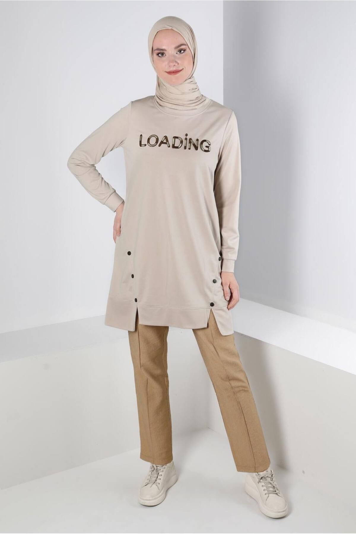 TEXT Printed Button Detail تونیک لباس ورزشی 43348 Alvina