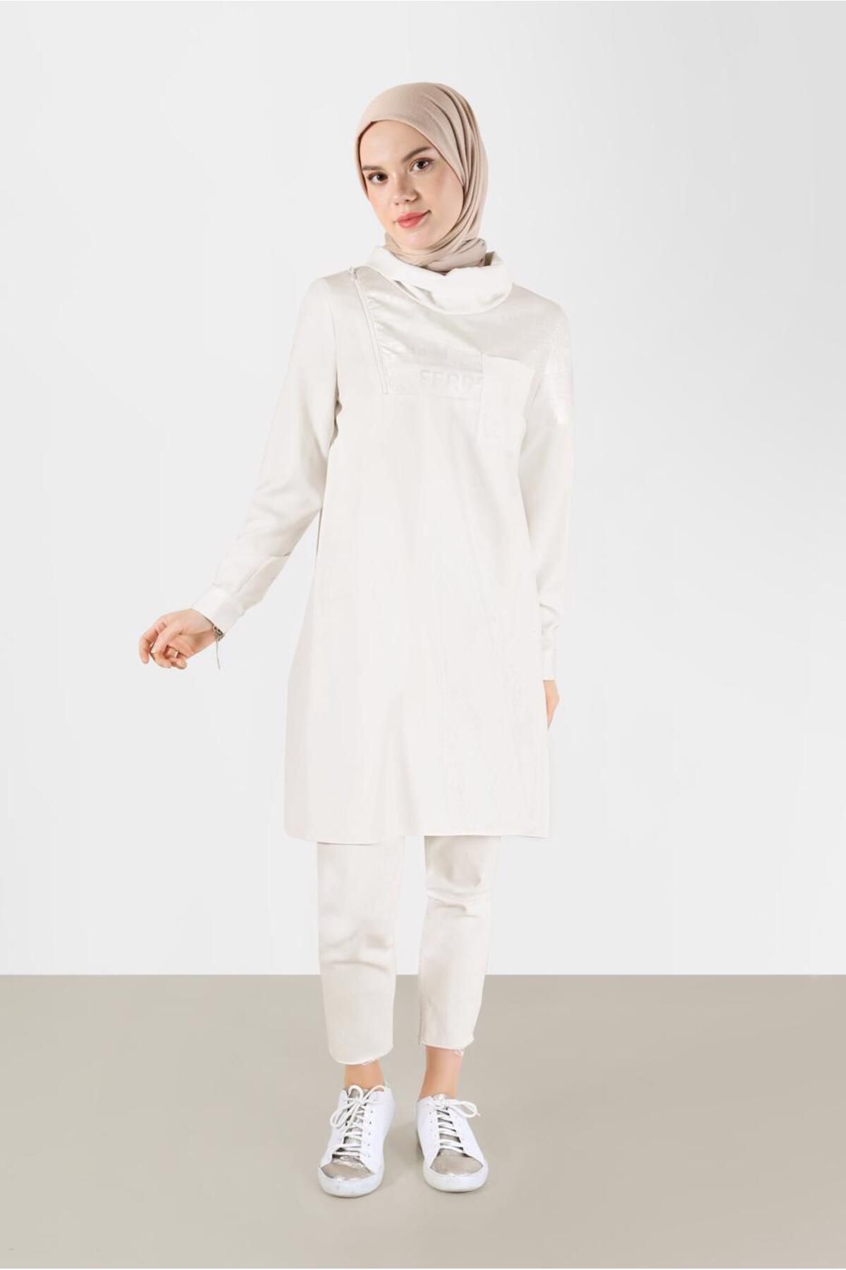 تونیک یقه چرمی تکست چاپی با جزئیات 42262 Alvina