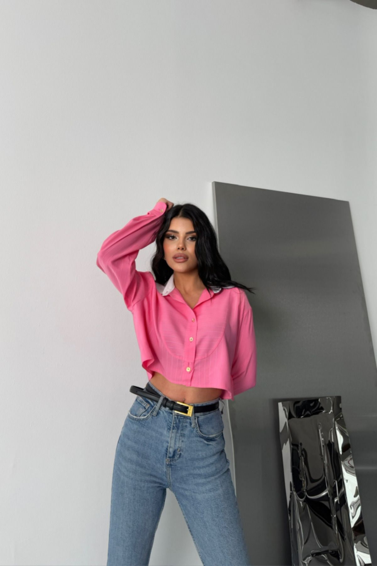KAZAK CROP GÖMLEK BEYAZ YAKA VE ETİKET DETAYLI - Pembe