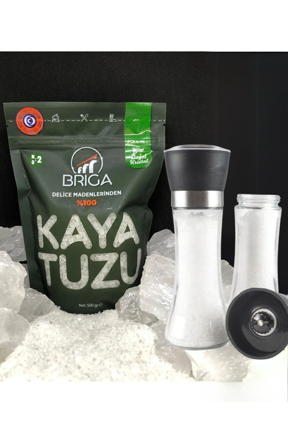 Briga Kaya Tuzu 500 gr ve Baharat Değirmeni Doğal Granül Kristal Kaya Tuzu No:2 1-2 Mm